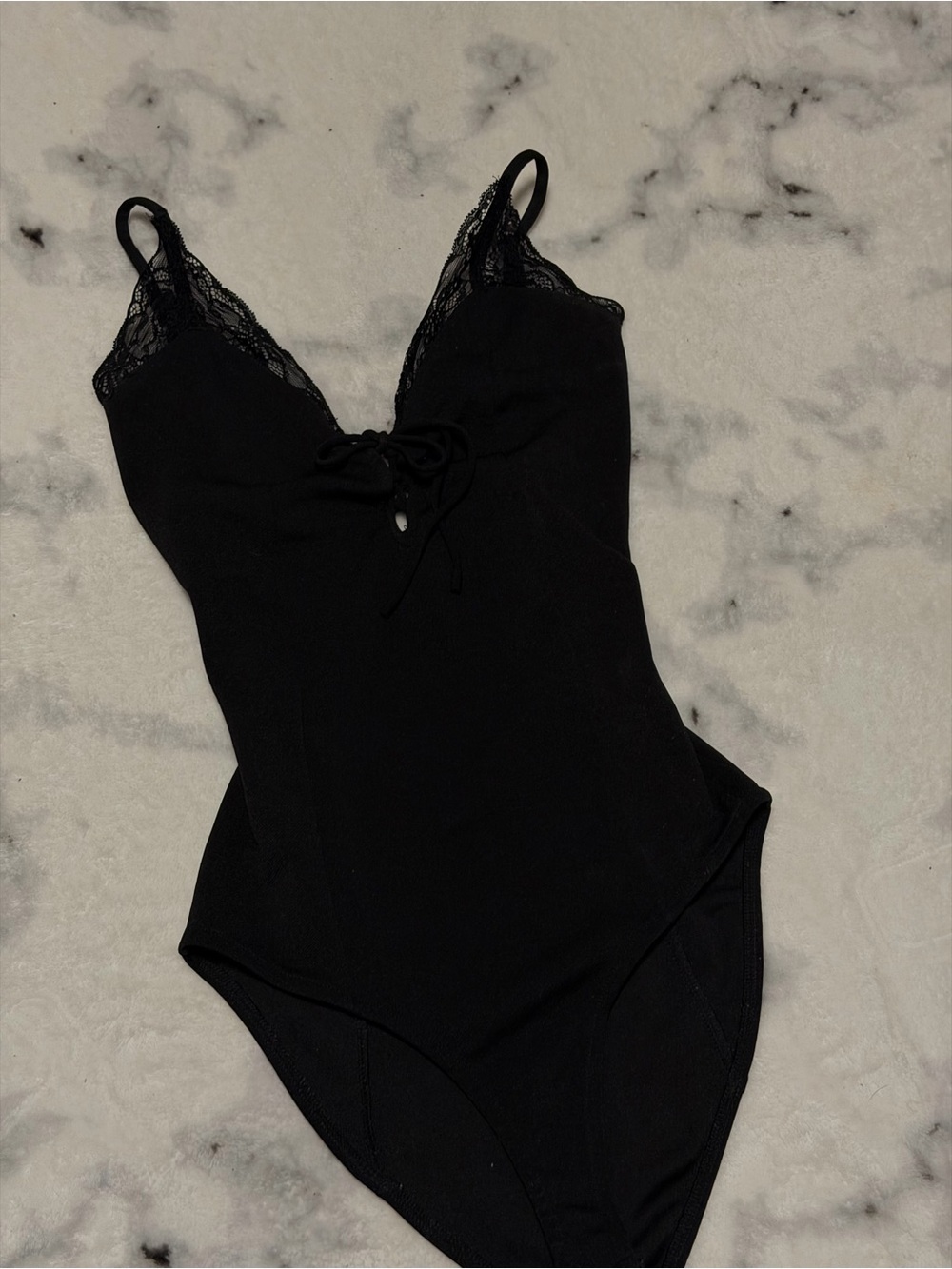 Bershka Black Lace-Trim Tie-Front Bodysuit